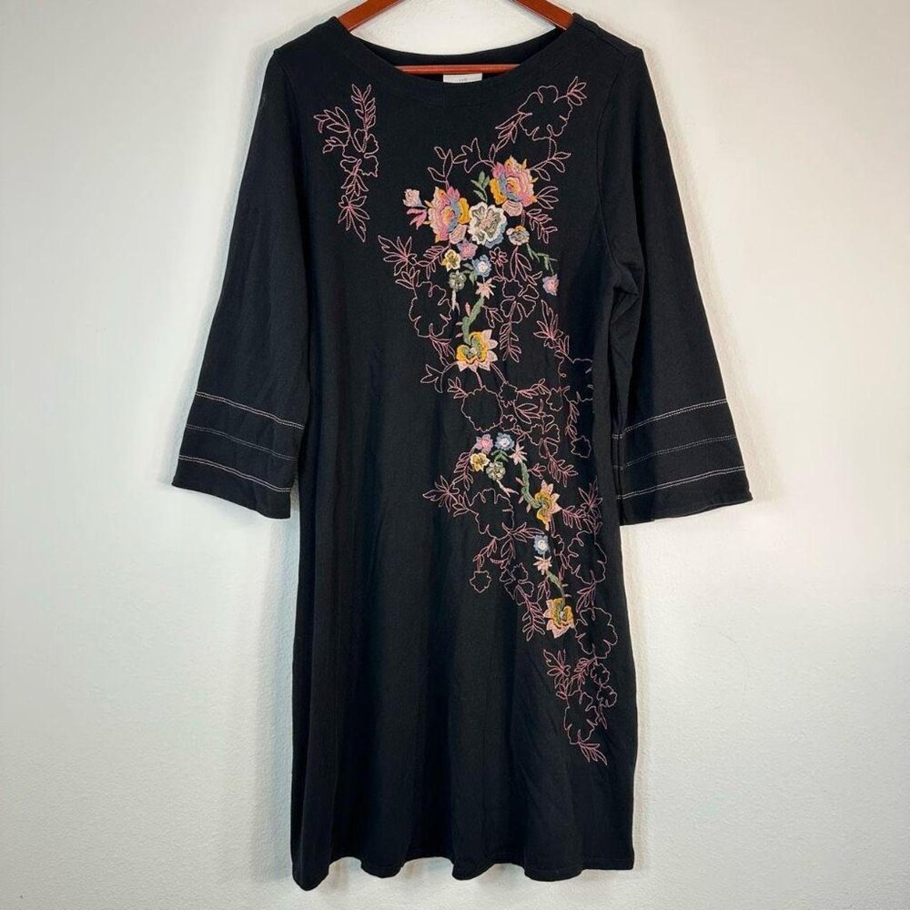 J.Jill Black Floral Embroidered Bohemian Long Sleeve Shift Midi Dress, Size XLT
